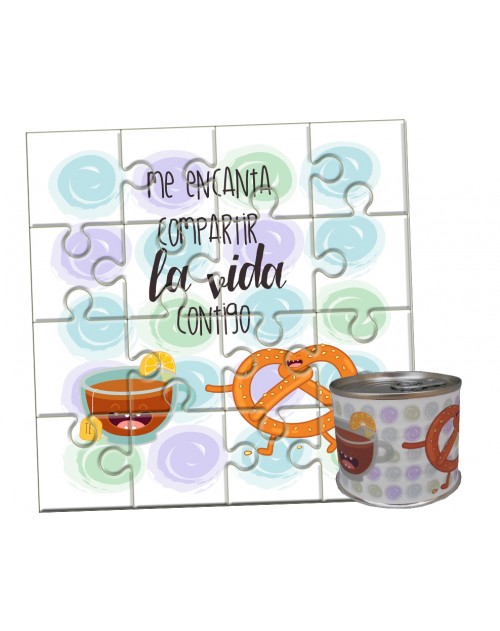 Puzzle con la frase "Me encanta compartir la vida contigo" en lata