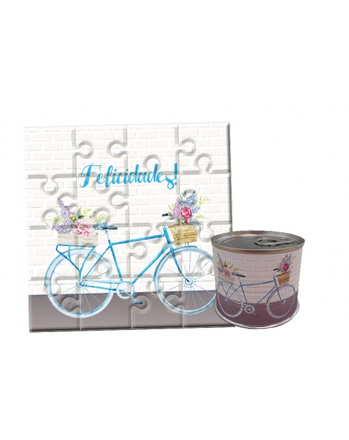 Puzzle bicicleta con la frase “Felicidades” en lata