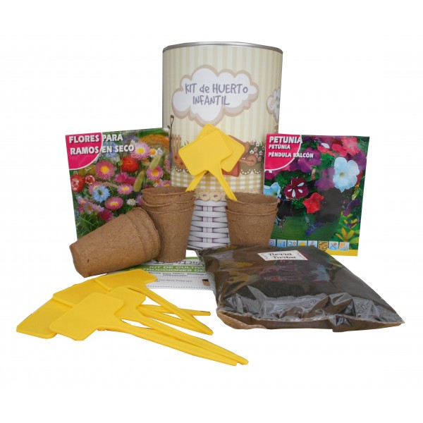 Kit de huerto infantil con semilleros, tierra turba, semillas Petunias, semillas Flores secas y marcaje de semilleros