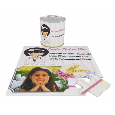 Recordatorio Comunion niña en puzzle con texto en lata personalizada