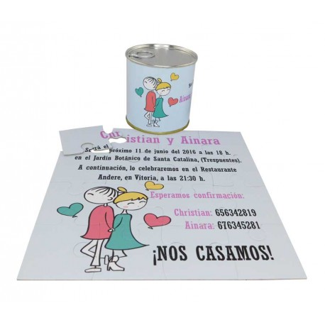 Invitacion de boda novios en puzzle y lata personalizada